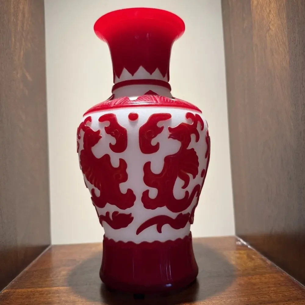 1900's Chinese Ruby Red Overlay Peking Glass Cover 12” Vase Koi